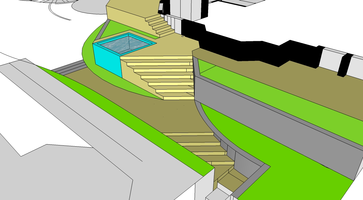 CAD 3D spatial design of hot tub and steps